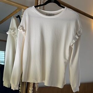 LOFT Cream Ruffle Long Sleeve Top